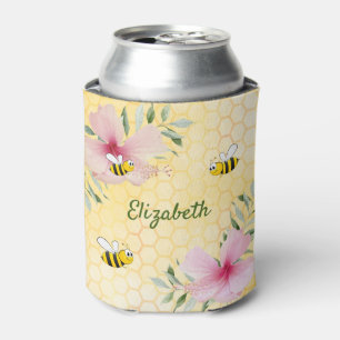 Enfriador De Latas Flores rosa de las abejas nombre amarillo