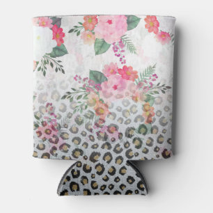 Enfriador De Latas Flores rosadas impresas de Leopardo negro dorado p