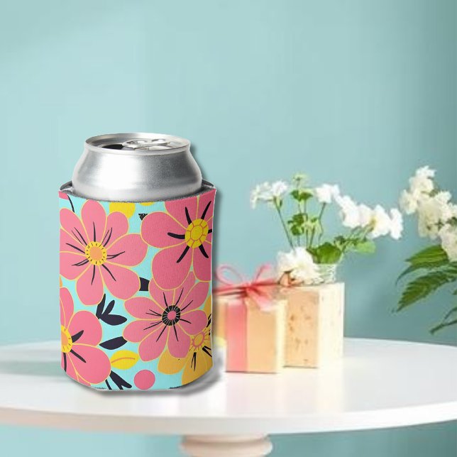 Enfriador De Latas Flores rosas y amarillas al estilo azul celeste-do ( 
Pink & Yellow Blossoms on Sky Blue-Dopamine Style Can Cooler)