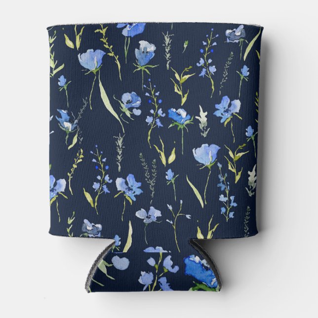 Enfriador De Latas Flores Rusticas Azules: Ilustracion Botánico. (Anverso)