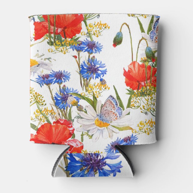 Enfriador De Latas Flores silvestres: acuarela azul oscuro sin costur (Anverso)