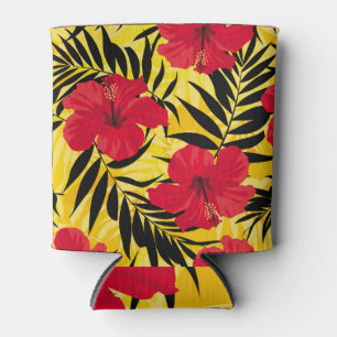 Enfriador De Latas Flores tropicales hojas de palma, patrón vintage.