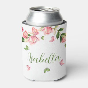 Enfriador De Latas flores verdes mariposas rosa caliente