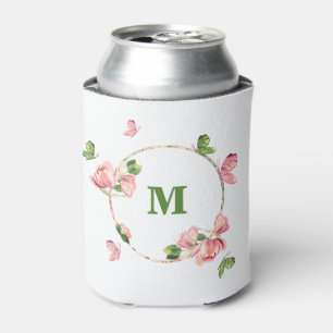 Enfriador De Latas flores verdes mariposas rosa caliente
