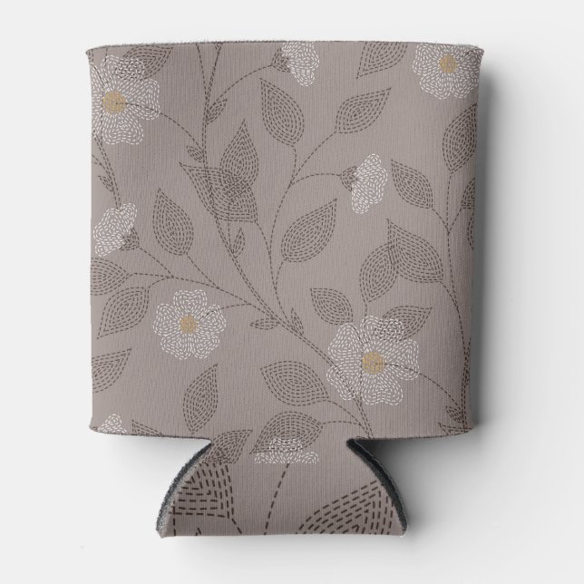 Enfriador De Latas Flores y hojas bordadas, diseño sin fisuras. (Anverso)