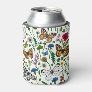 Enfriador De Latas Flores y mariposas silvestres en blanco