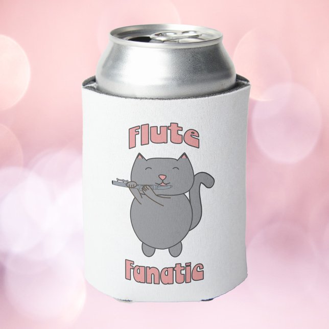 Enfriador De Latas Flute Fanatic Cat Cute Musician Kitty Design (A can cooler featuring a gray cat playing the flute with the words Flute Fanatic)