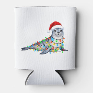 Enfriador De Latas Foca festiva cubierta de luces de Navidad