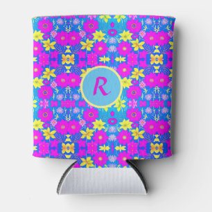 Enfriador De Latas Fondo con patrón de flores rosas azules y amarilla