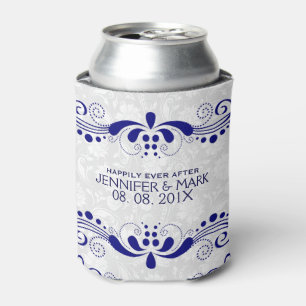 Enfriador De Latas Fondo de las damascas blancas de encaje floral azu