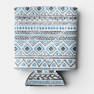 Enfriador De Latas Fondo étnico azul, blanco sin costura.