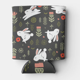 Enfriador De Latas Fondo oscuro, conejos blancos, cosecha floral.