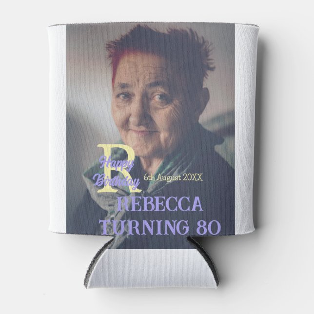 Enfriador De Latas Foto 80 cumpleaños agregar nombre fecha púrpura mo (Anverso)