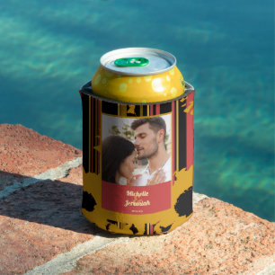 Enfriador De Latas Foto de boda moderna de girasol puesta de sol cora