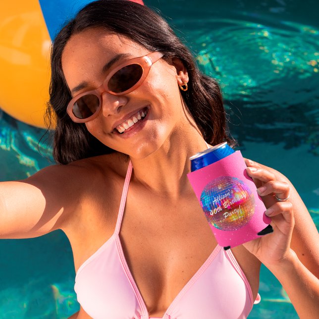 Enfriador De Latas Foto de Bola Disco Groovy Cumpleaños 40 Personaliz (Front)