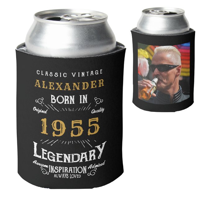 Enfriador De Latas Foto personalizada del año 70 de cumpleaños (Personalized 70th birthday can cooler for those born in 1955. Custom name, year and photo template.)