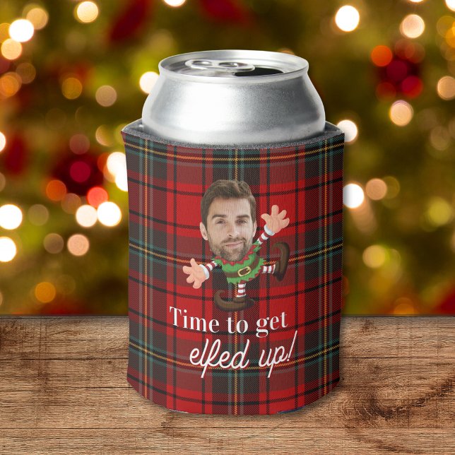 Enfriador De Latas Fotos divertidas caras hartas de los Personalizado (red plaid funny photo face can cooler for christmas gift with time to get elfed up merry christmas)