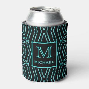 Enfriador De Latas Fresco Negro y Azul Patrón de Monograma ZigZag Den