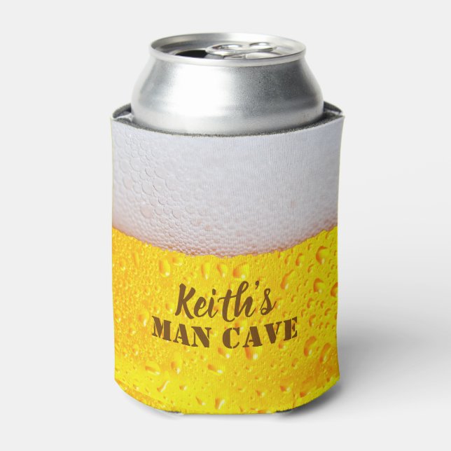 Enfriador De Latas Frothy Golden Beer Bubbles Textura Hombre Cueva (Lata Anverso)