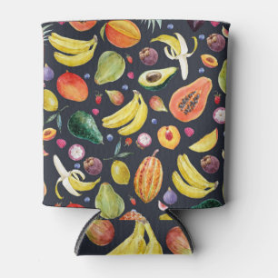 Enfriador De Latas Frutos Tropicales: Patrón multifruta acuarela.