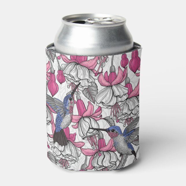 Enfriador De Latas Fuchsia blanca y colibríes (Lata Anverso)