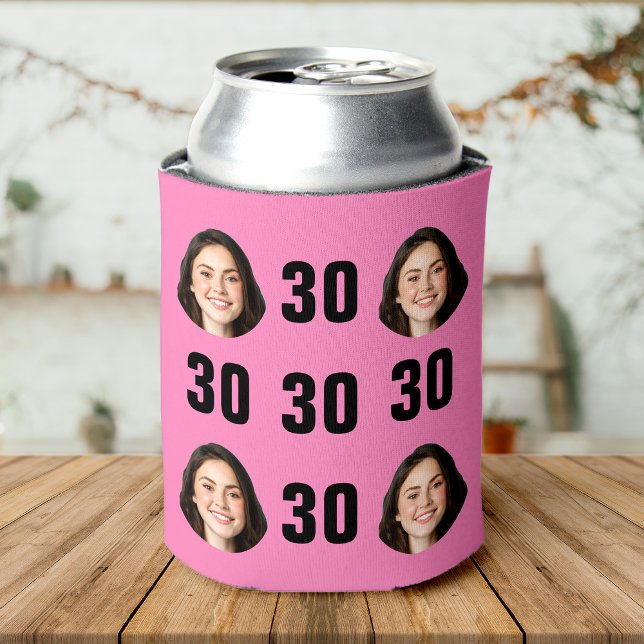 Enfriador De Latas Fun Unique 30 Birthday Photo Guay Retro (A pink beer sleeve with five black "30" numbers and four smiling face photos evenly arranged.)