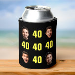 Enfriador De Latas Fun Unique 40th Birthday 2 Photo Guay Retro<br><div class="desc">Fun 40 cumpleaños 2 foto refrigerador de bebidas en retro negrita diseño amarillo. ¡El año es el personalizable para cualquier año de cumpleaños! Para obtener el efecto de recorte, utilice un archivo png con el fondo ya cortado. Si no, la foto aparecerá como un círculo rodeado por su propio fondo,...</div>