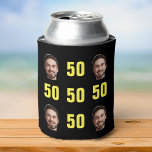 Enfriador De Latas Fun Unique 50 Birthday Photo Guay Retro<br><div class="desc">Un divertido refrigerador de bebidas de fotos de 50 años en un diseño retro negrita amarillo. ¡El año es personalizable para cualquier año de cumpleaños! Para obtener el efecto de recorte, utilice un archivo png con el fondo ya cortado. Si no, la foto aparecerá como un círculo rodeado por su...</div>