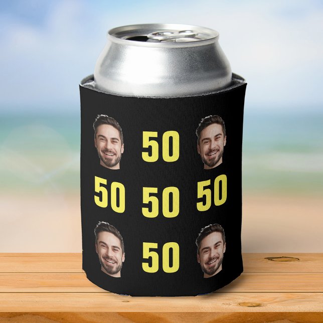 Enfriador De Latas Fun Unique 50 Birthday Photo Guay Retro (Silver soda can in a black can cooler decorated with repeating yellow "50" text and photo)