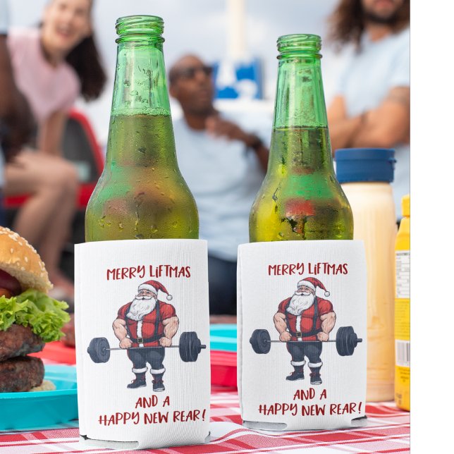 Enfriador De Latas Funny Fitness Navidades Liftmas Barbell Santa (Funny fitness themed Christmas party cheer Beer Coolers.)