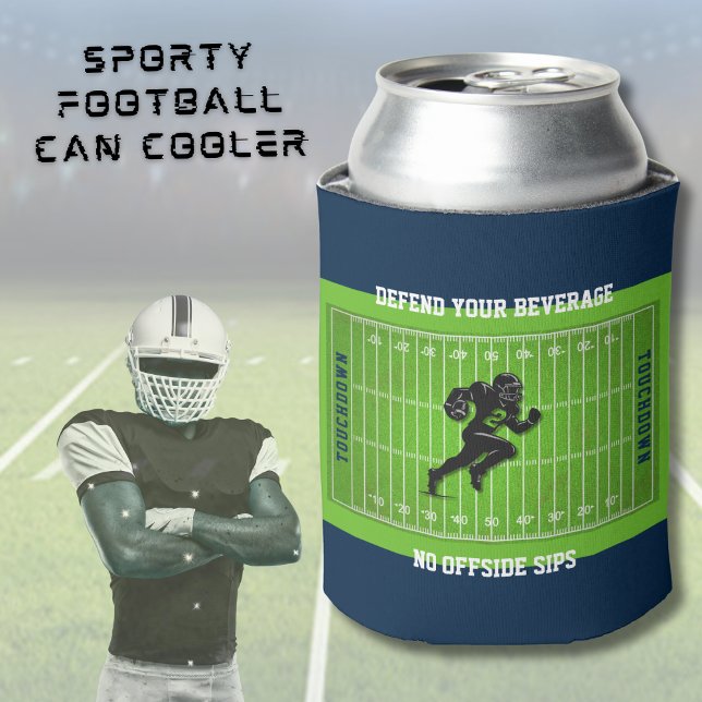 Enfriador De Latas Funny Football Party Favor Beverage Can Cooler (Navy and green football can cooler with 'Defend Your Beverage' text. Ideal for the big game!)
