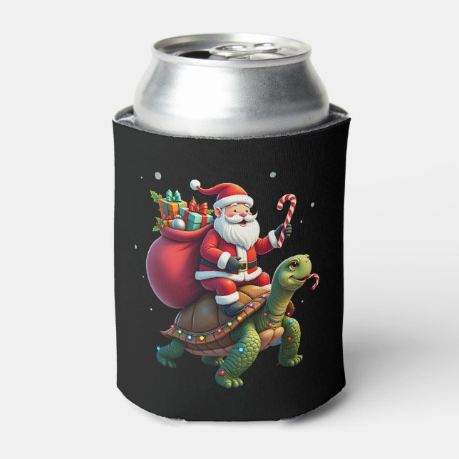Enfriador De Latas Funny Turtle Christmas Santa Riding Sea Turtle Xma (Lata Anverso)