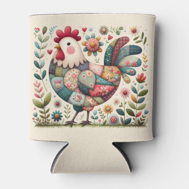 Enfriador De Latas Gallo de Folk Patchwork con Acentos Florales (Anverso)