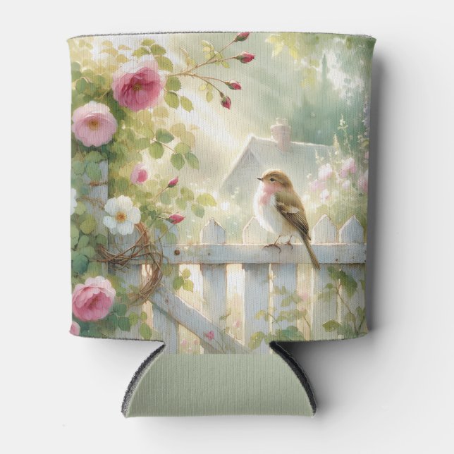 Enfriador De Latas Garden Rose Bird Watercolor Scene (Anverso)