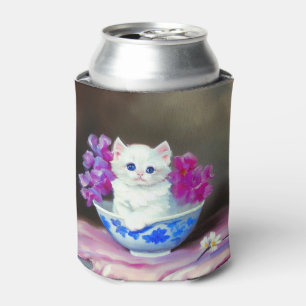 Enfriador De Latas Gatito blanco vintage con flores rosas