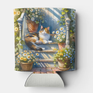 Enfriador De Latas Gato Calico en Pórtico Floral Cottagecore