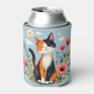 Enfriador De Latas Gato Calico Sonriente en Jardín Florido