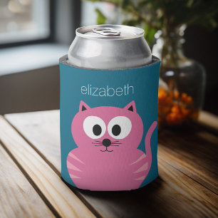 Enfriador De Latas Gato de grasa rosada - fondo azul