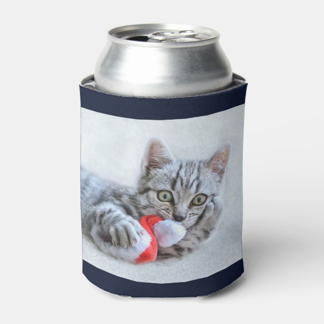 Enfriador De Latas Gato de grisáceo lindo con Navidades Gorras navida (Lata Anverso)