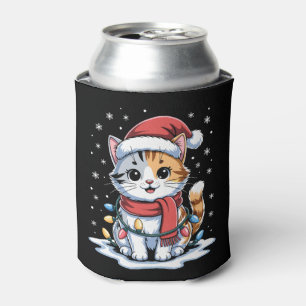 Enfriador De Latas Gato de Navidad Sombrero de Santa Bufanda Luces Ni