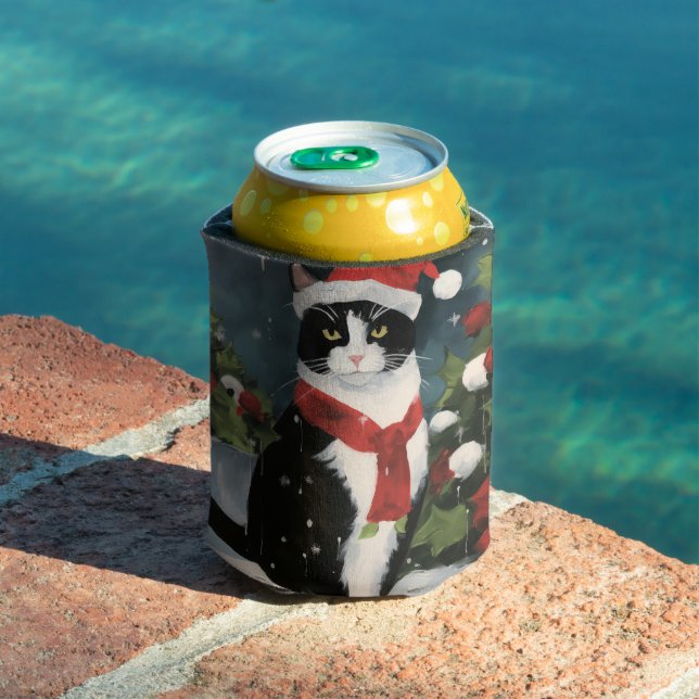 Enfriador De Latas Gato de Tuxedo en Navidades de nieve (Piscina in situ)