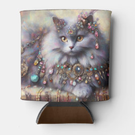 Enfriador De Latas Gato Gris De Pelo Largo Con Gemas De Joyería