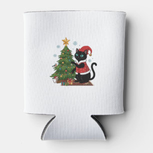 Enfriador De Latas Gato Negro de Navidad Sombrero de Santa Claus Árbo