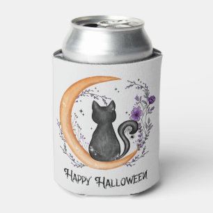 Enfriador De Latas Gato negro y luna creciente por feliz Halloween