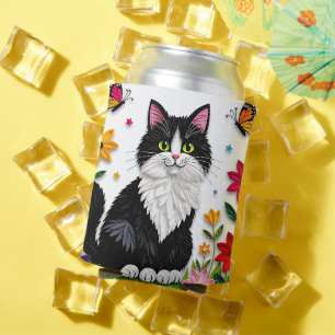Enfriador De Latas Gato personalizado, flores y mariposas  
