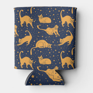 Enfriador De Latas Gatos divertidos, estrellas, patrón espacial.