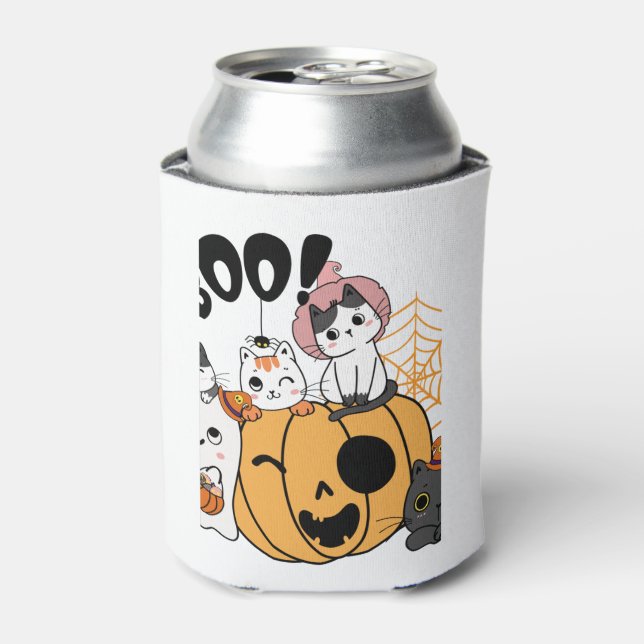 Enfriador De Latas Gatos Divirtiéndose Con El Pegatina De Halloween (Lata Anverso)