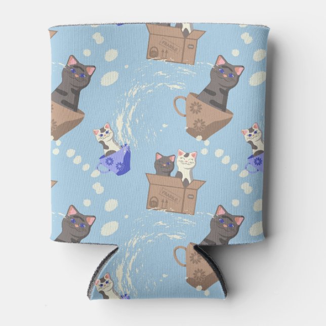 Enfriador De Latas Gatos en caja y gotas de leche en azul (Anverso)