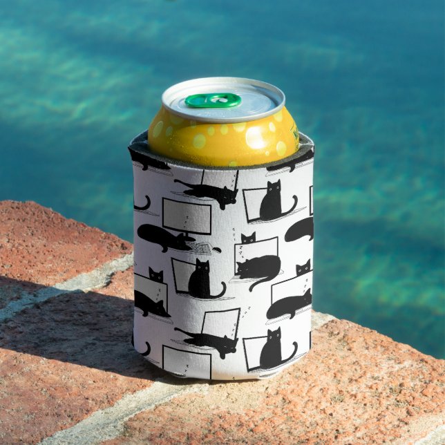 Enfriador De Latas Gatos negros sentados en el patrón de las laptops (Piscina in situ)