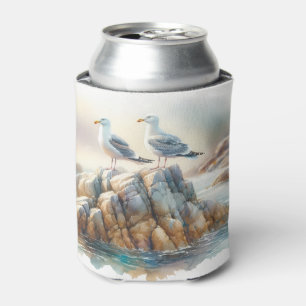 Enfriador De Latas Gaviotas Costeras Acuarela Paisaje Marítimo